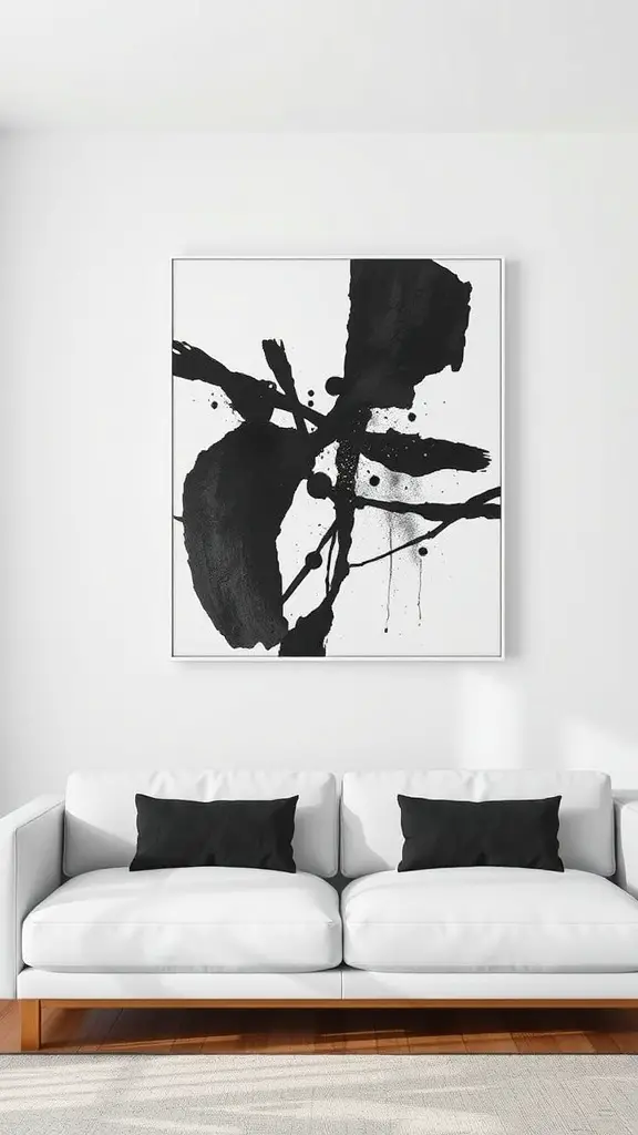 Abstract black and white artwork above a white couch