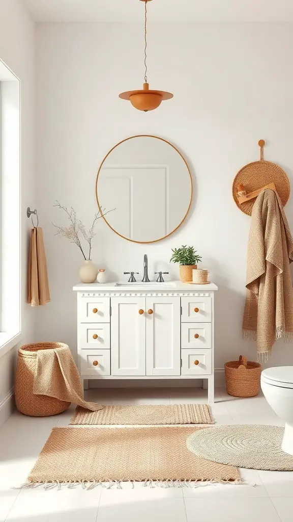 A modern bathroom featuring a white vanity, earth-toned accessories, and natural elements.