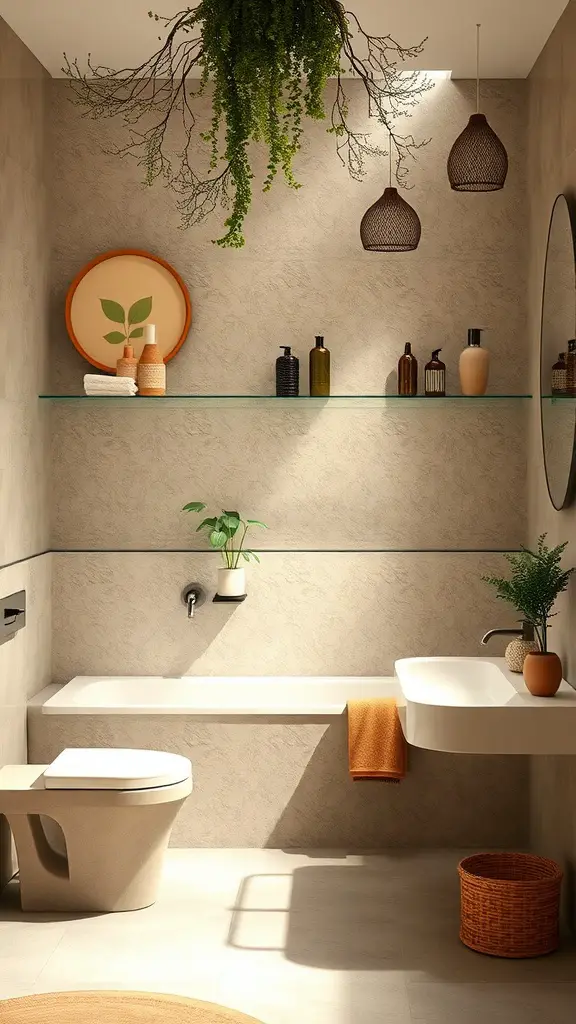 A modern bathroom featuring earth-toned colors with a hanging plant, textured walls, and warm accents.