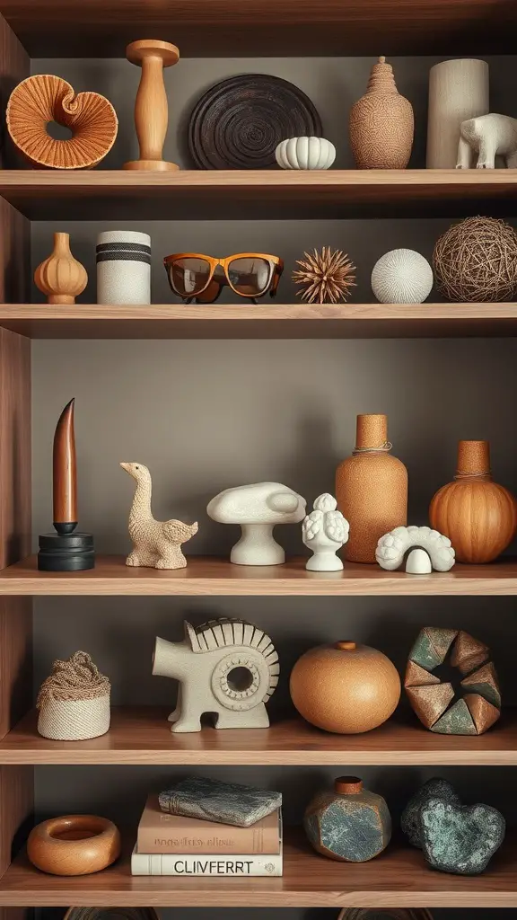 A wooden shelf filled with various earthy home decor accessories including vases, figurines, and books, showcasing natural textures and warm colors.