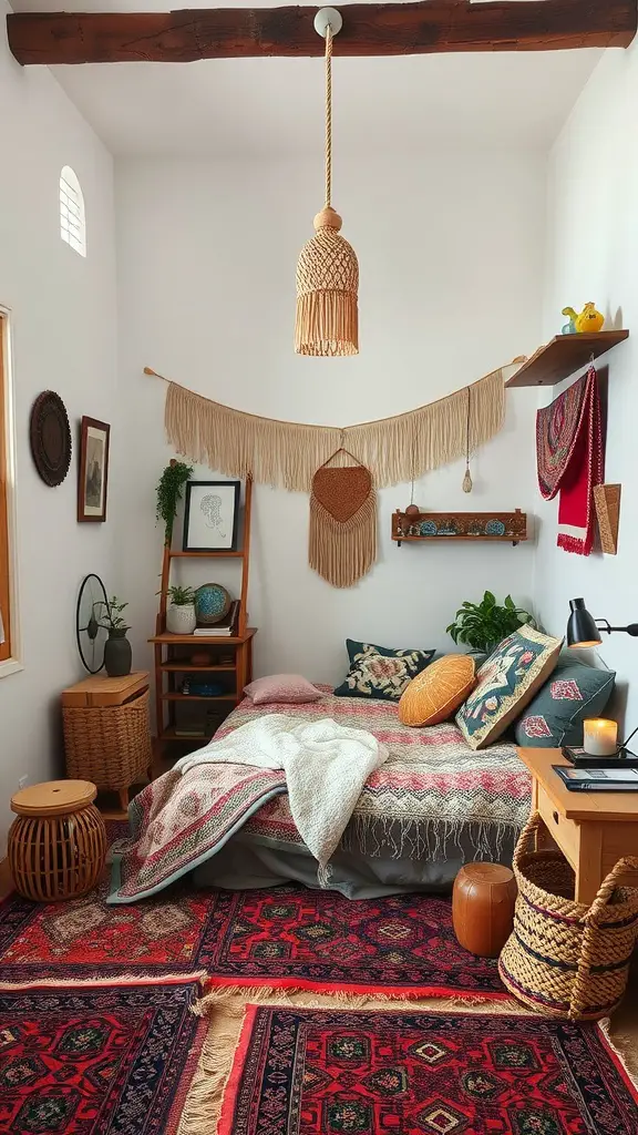A cozy bedroom featuring layered textiles, vibrant rugs, and bohemian decor.