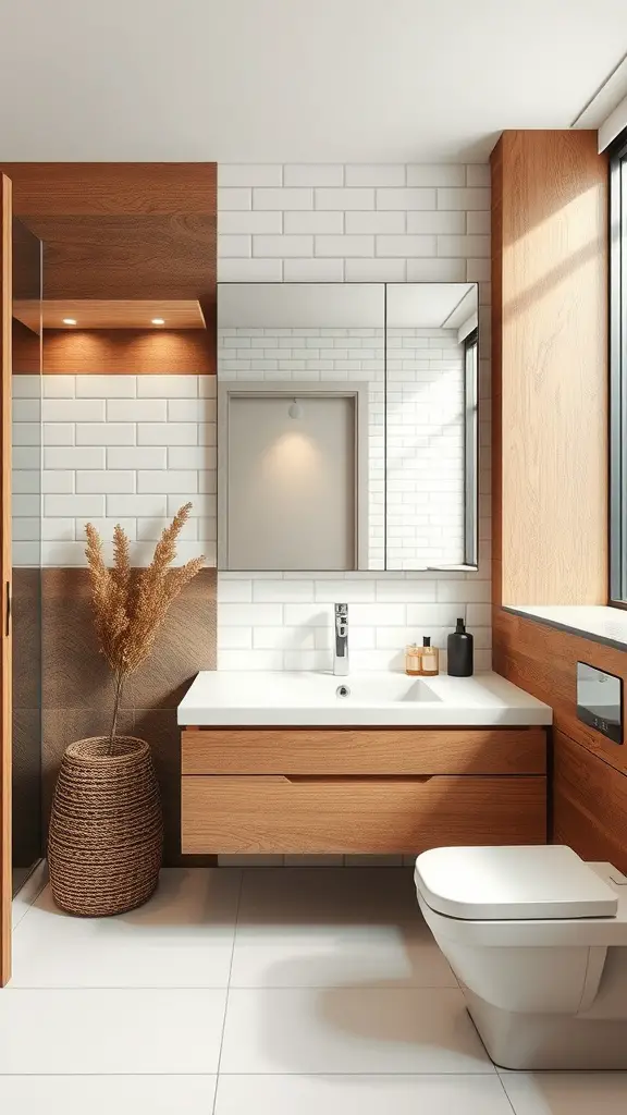 A serene bathroom featuring earthy brown wood accents and soft white tiles with a modern aesthetic.