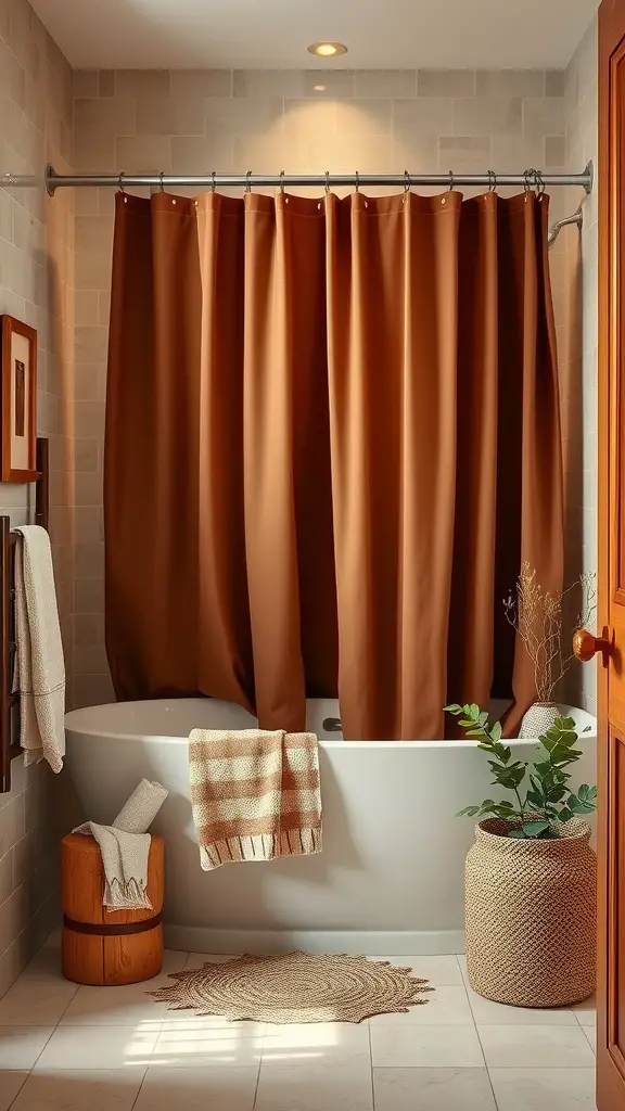 A cozy bathroom featuring a brown shower curtain, a white bathtub, and earthy decor.