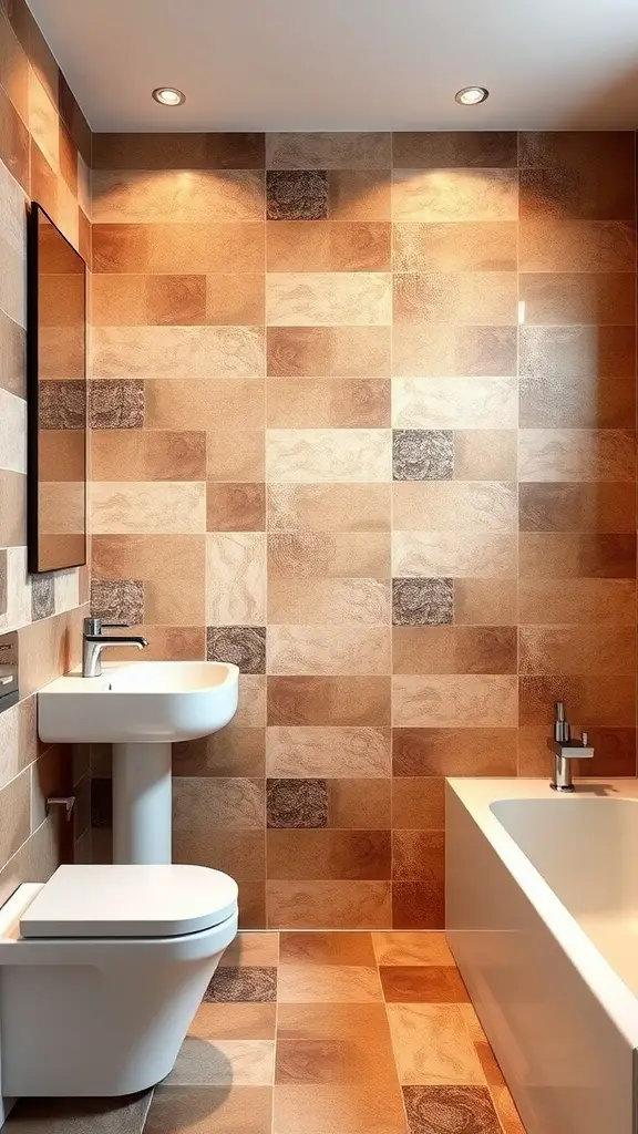 Bathroom featuring earthy color block tiles, with plants and modern fixtures