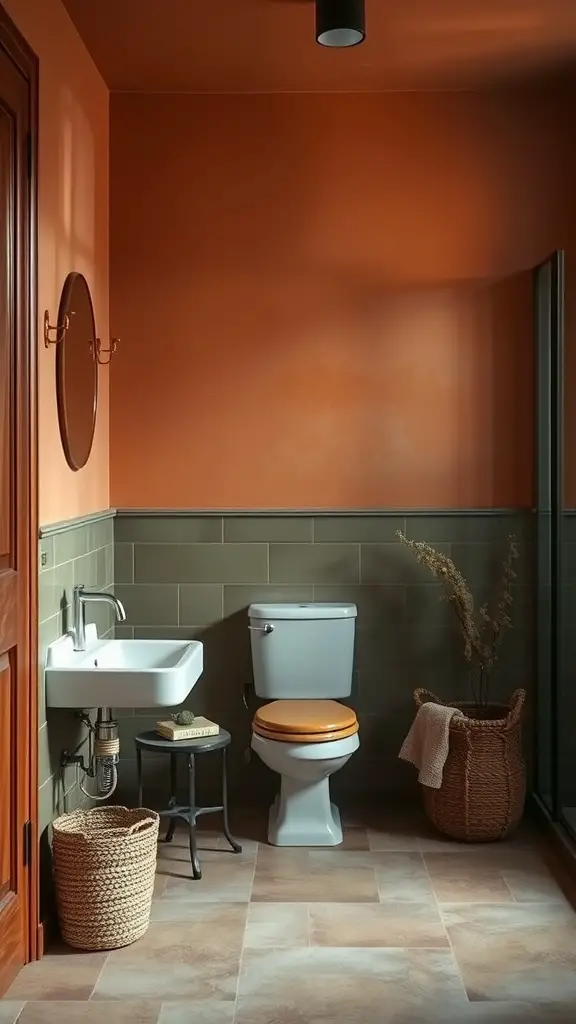 Bathroom featuring an earthy color palette with terracotta walls and muted green tiles.