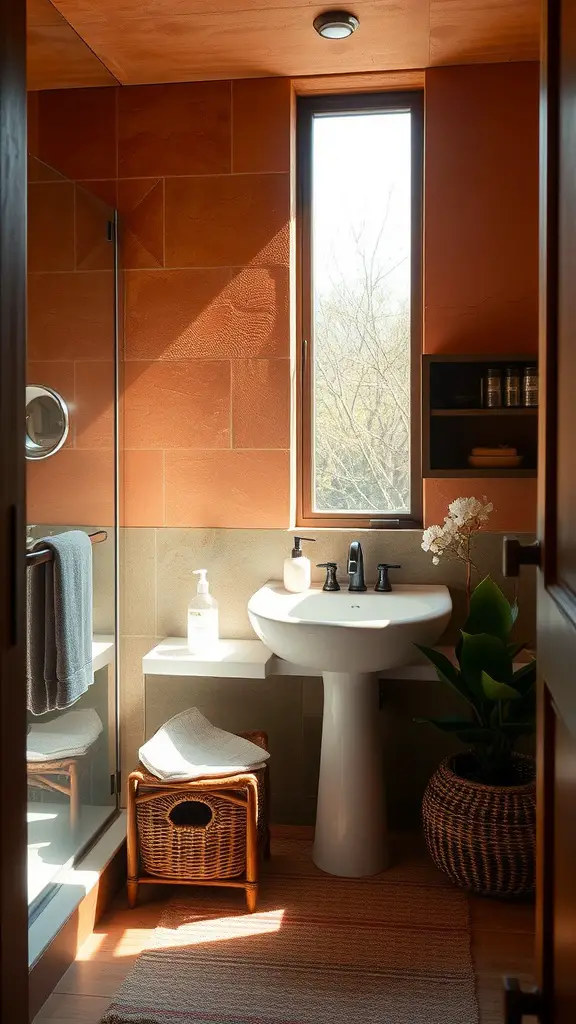 A cozy bathroom featuring earthy tones of terracotta and natural wood with warm lighting.