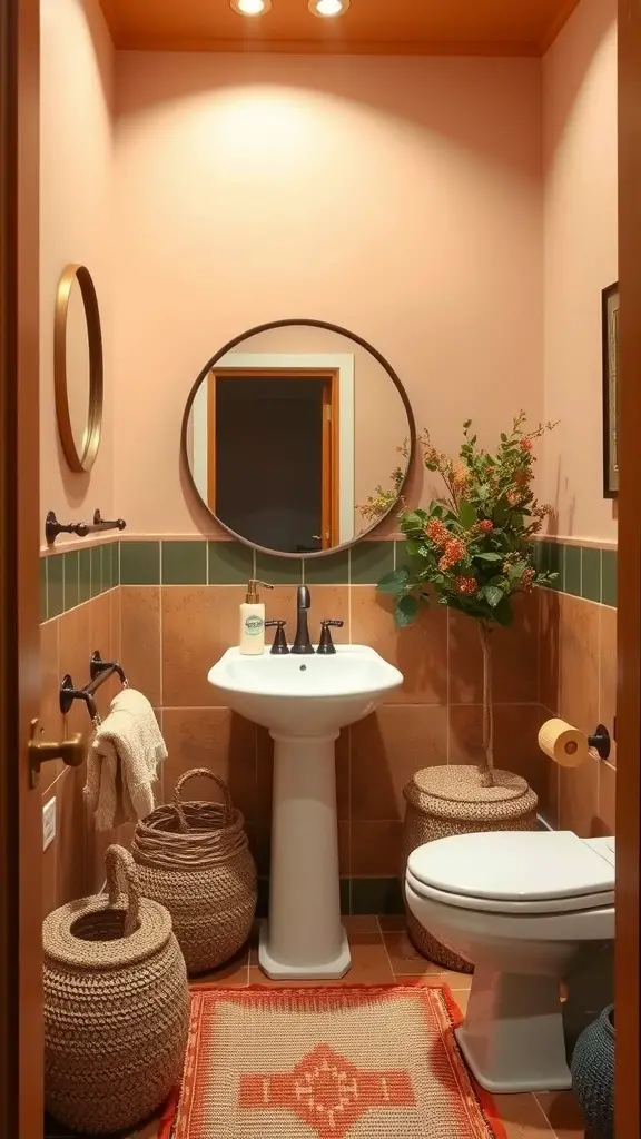 Interior of a half bathroom with earthy colors and natural decor