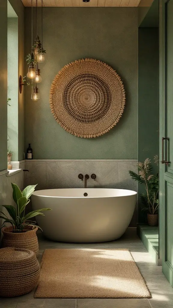 A stylish bathroom featuring an earthy color palette with green walls, warm accessories, and plants.