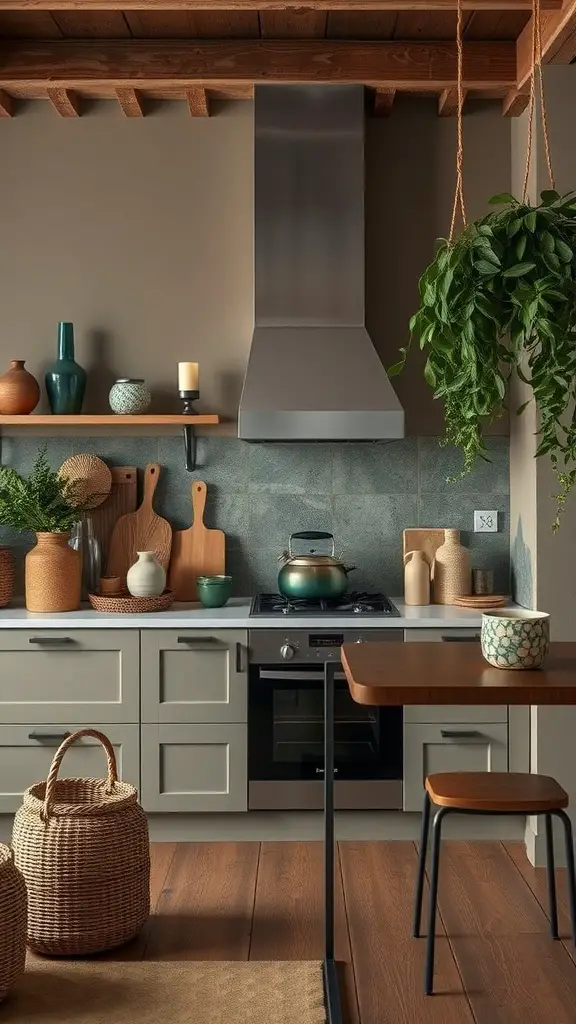 Cozy kitchen with earthy color palette, featuring warm tones and natural materials.