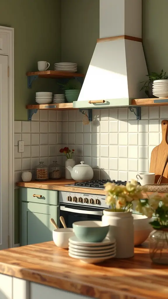 A cozy kitchen featuring earthy colors, wooden shelves, and a warm vibe