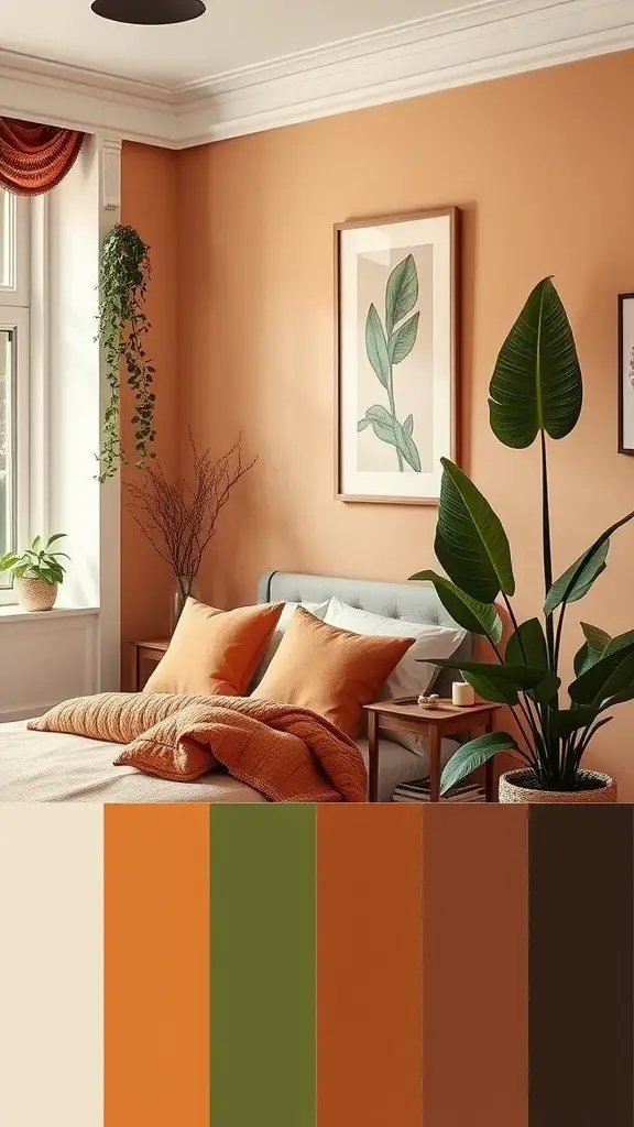A cozy bedroom featuring an earthy color palette with warm oranges, greens, and browns, complemented by plants and soft textures.