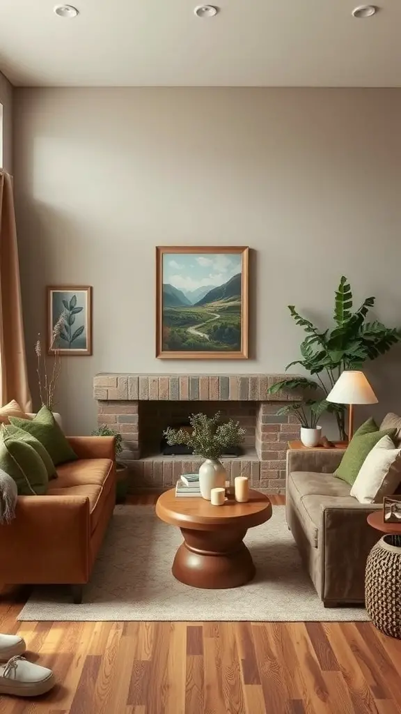 A cozy living room featuring a neutral color palette with earthy tones, green accents, and natural materials.
