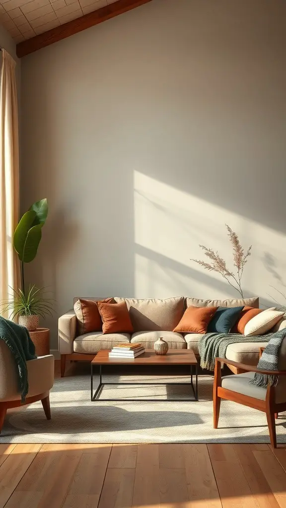 Cozy living room with earthy colors, featuring beige walls, terracotta pillows, wooden furniture, and plants.