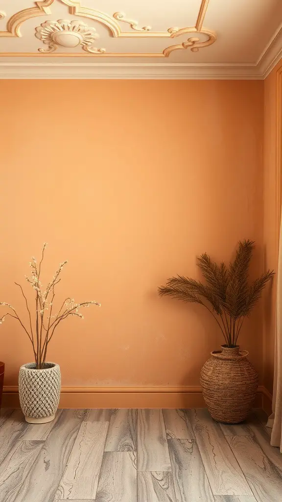 A cozy room featuring a peach wall and potted plants