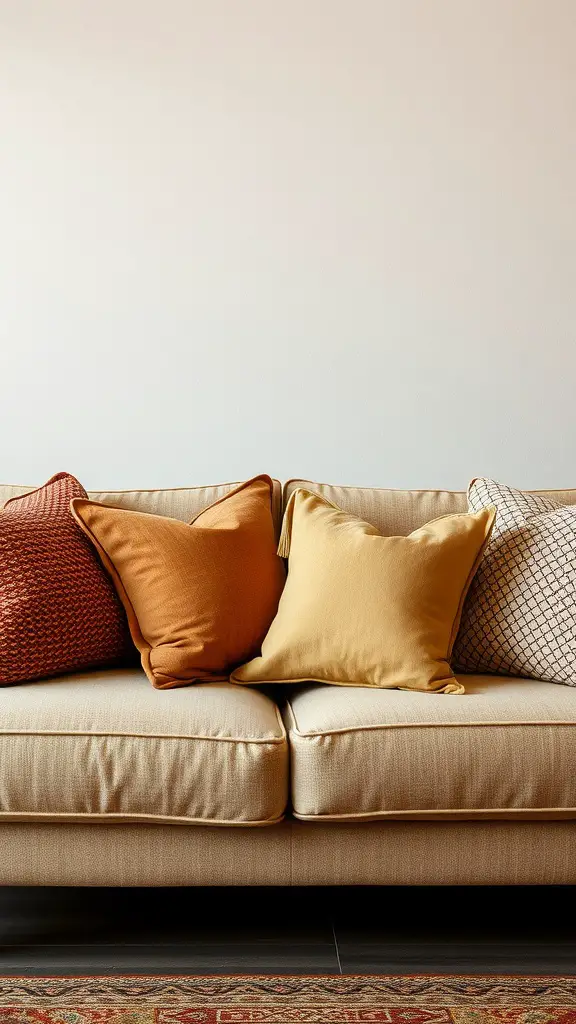 A beige sofa adorned with earthy-toned accent pillows in burnt orange, mustard yellow, and a patterned design.