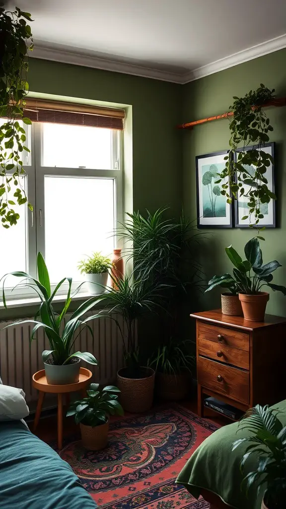 Cozy bedroom with green walls, various plants, wooden furniture, and a colorful area rug.