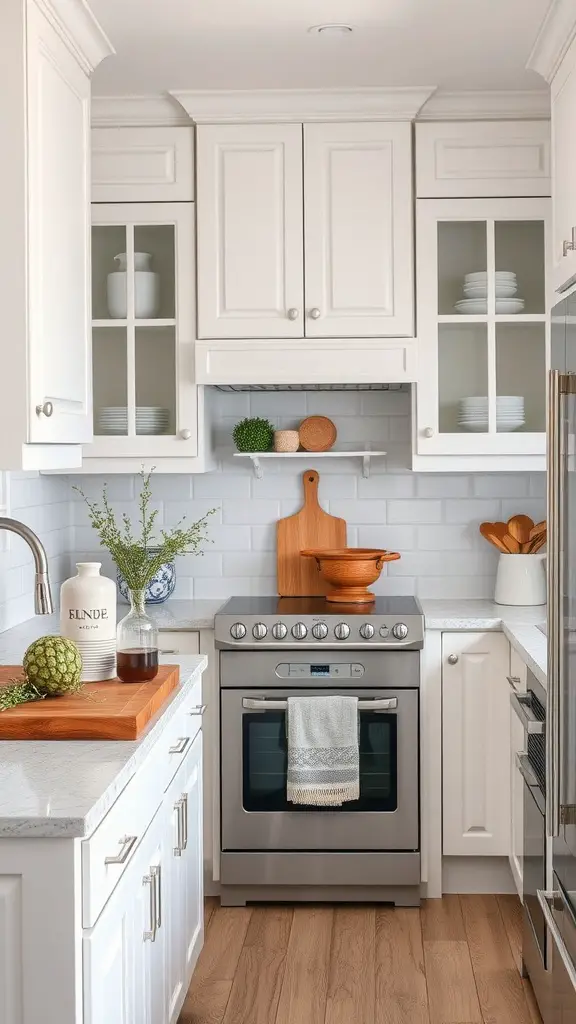 A modern kitchen featuring white cabinets, a gray backsplash, wooden accents, and decorative plants.