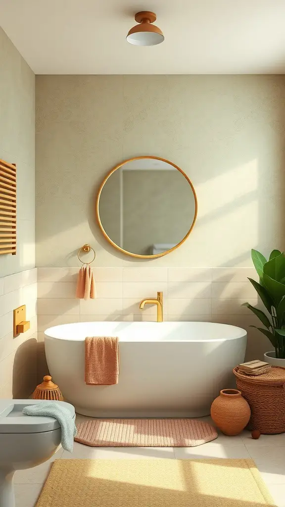 A bright and earthy bathroom featuring natural colors, a round mirror, and indoor plants