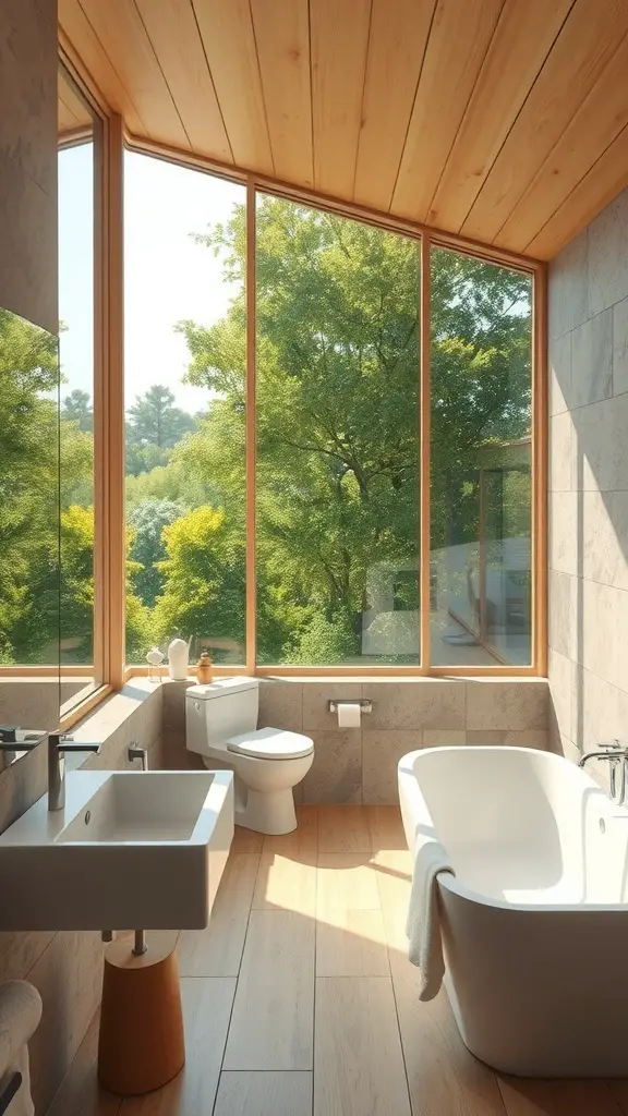 A stylish bathroom with earthy color palettes featuring terracotta and green tones, decorated with woven baskets and a floral arrangement.