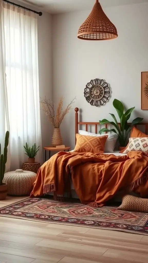 A warm and inviting boho bedroom featuring earthy colors, a cozy orange blanket, plants, and natural textures.