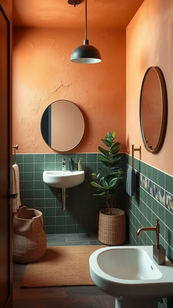 A cozy bathroom with terracotta walls, green tiles, and natural textures.