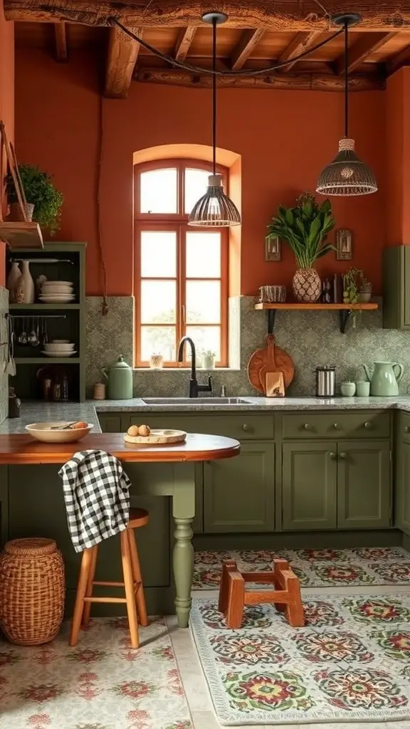 Cozy kitchen featuring earthy tones with warm peach walls, soft green cabinetry, and wooden accents.