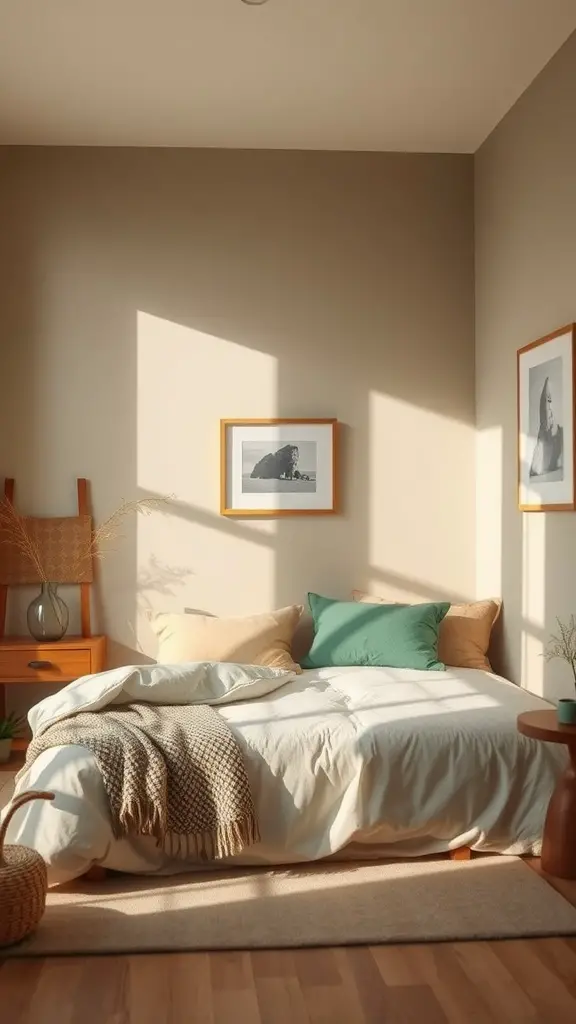 Cozy bedroom with earthy tones, featuring soft beige walls, wooden furniture, and natural light.