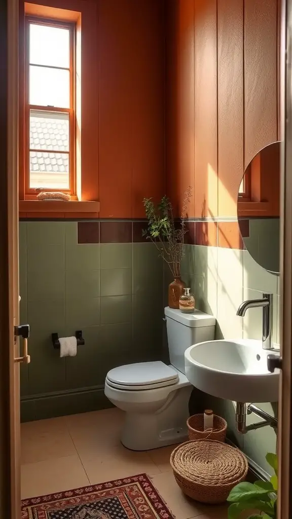 A serene bathroom featuring earthy tones, a round mirror, terracotta accents, and plants.