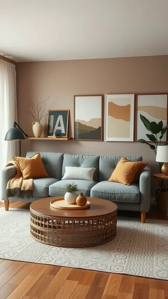 A cozy living room featuring a grey couch, earthy decor, and warm accents.