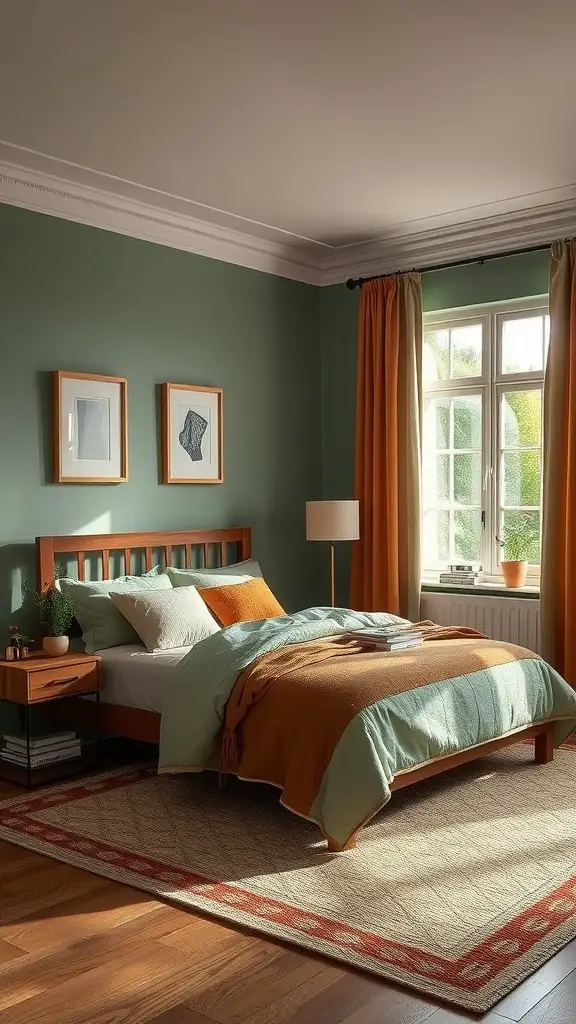 A cozy bedroom with earthy tones featuring green walls, orange curtains, and wooden furniture.