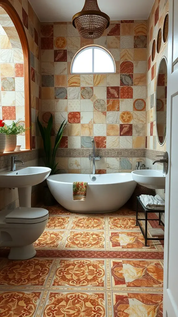 A cozy bathroom with earthy toned tile patterns, featuring a round bathtub, a circular mirror, and greenery.