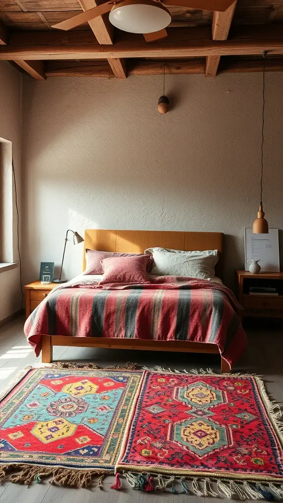 A cozy bedroom featuring colorful earthy rugs under a bed with wooden accents.
