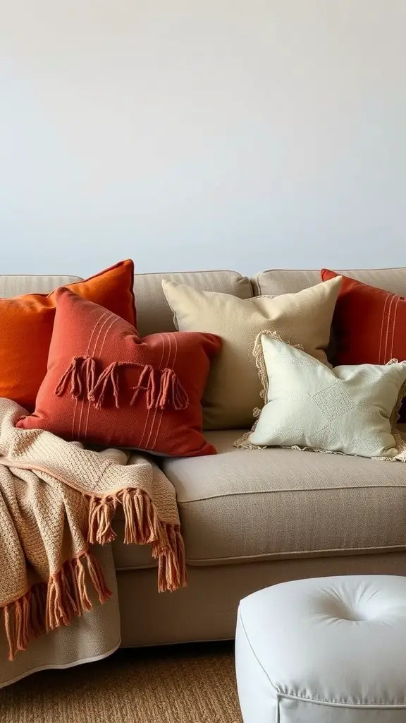A cozy sofa adorned with earthy colorful throw pillows in shades of terracotta and soft neutral tones.