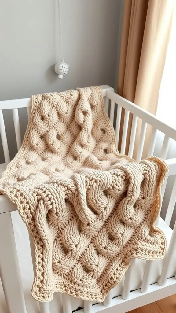 A cozy crochet baby blanket draped over a crib, featuring a textured design in cream color.