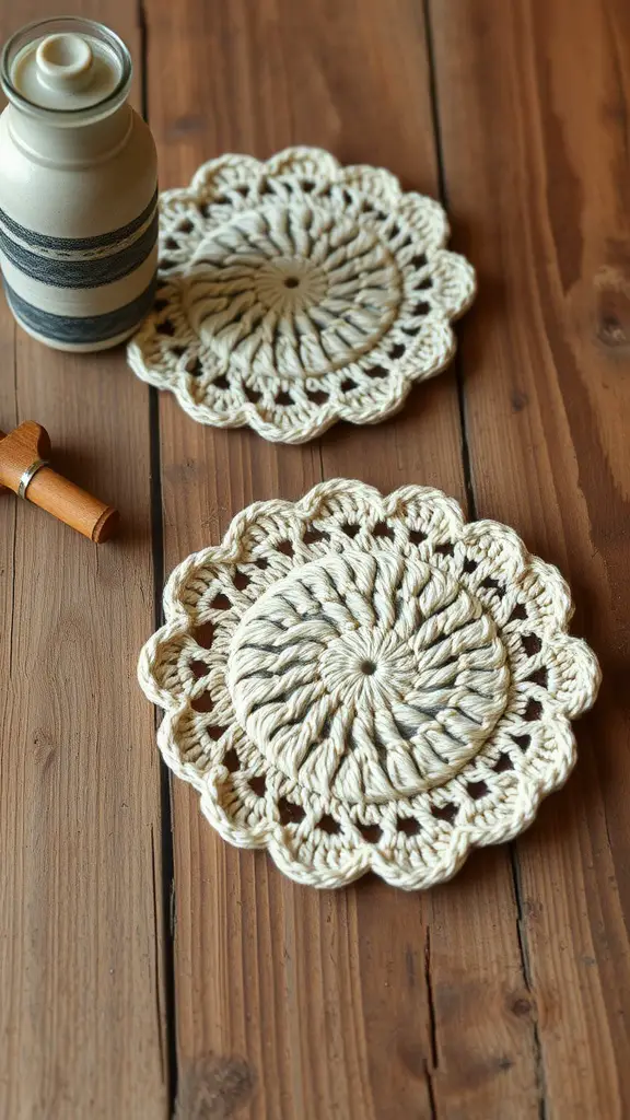 Two earthy crochet coasters on a wooden table next to a jar and a small tool.