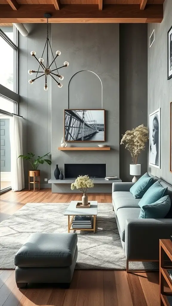 A modern living room featuring gray walls, blue accents, wooden ceiling beams, and natural lighting.