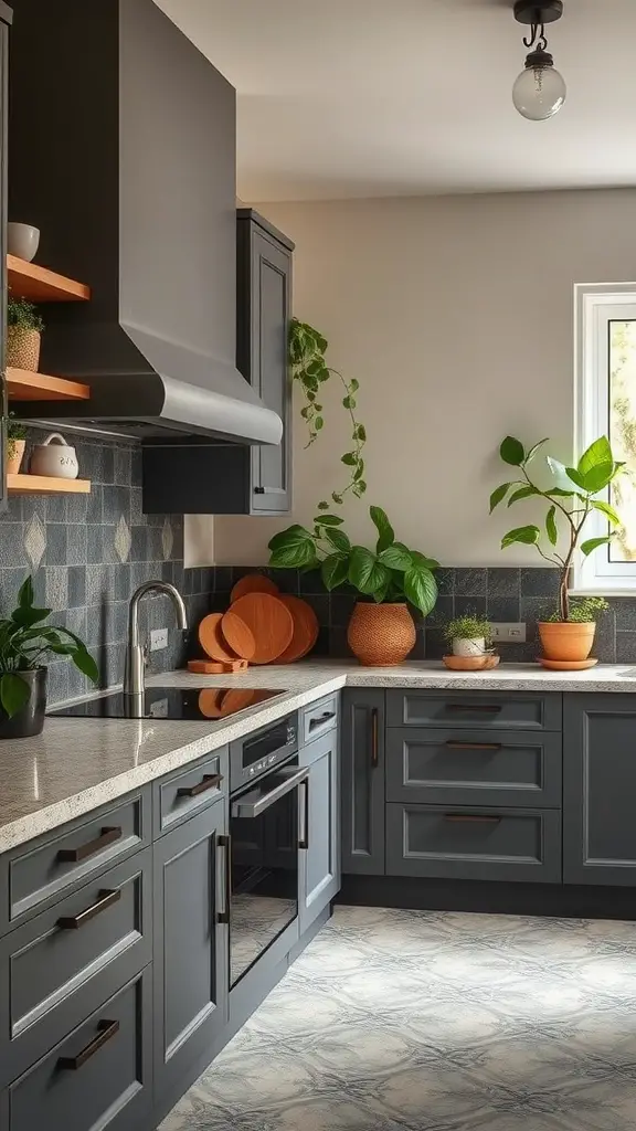 A warm kitchen featuring earthy gray tones with wooden accents, plants, and natural light.