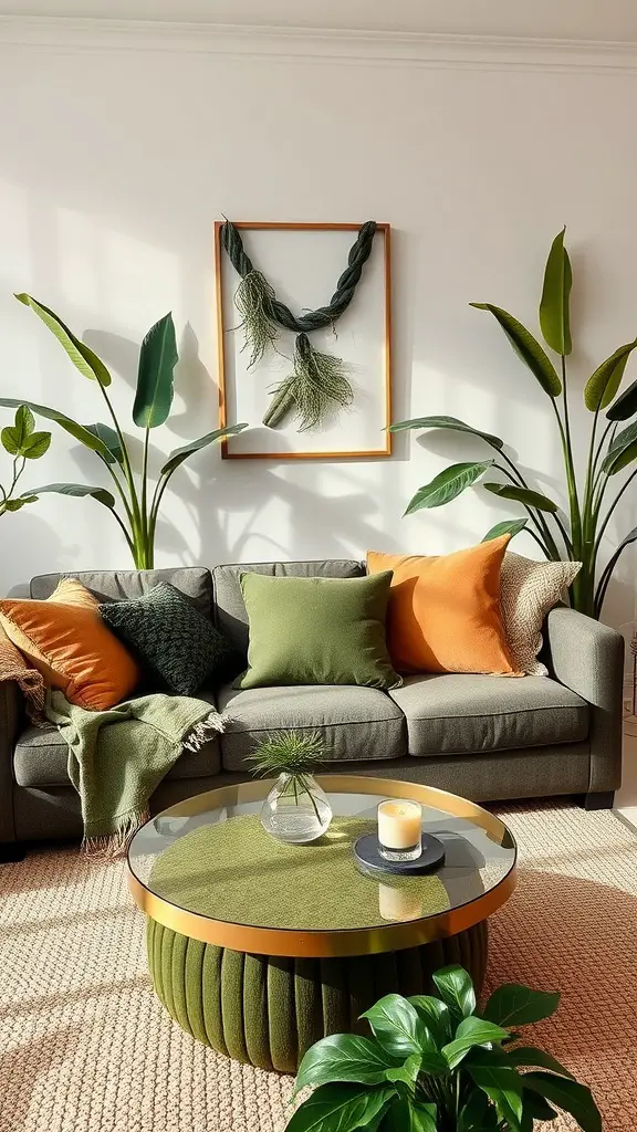 Cozy living room with earthy green textiles and natural decor