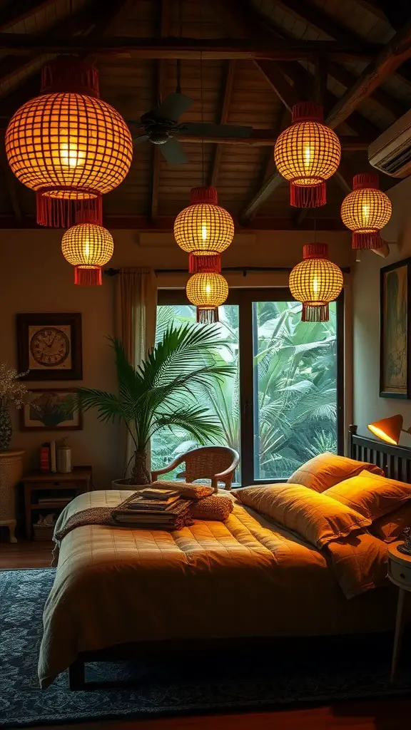 A cozy jungle-themed bedroom with woven pendant lights hanging from the ceiling, illuminated softly to create a warm atmosphere.