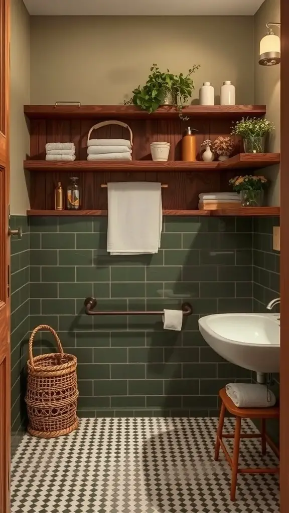 A cozy bathroom featuring olive green walls, wooden shelves, and natural decor elements.