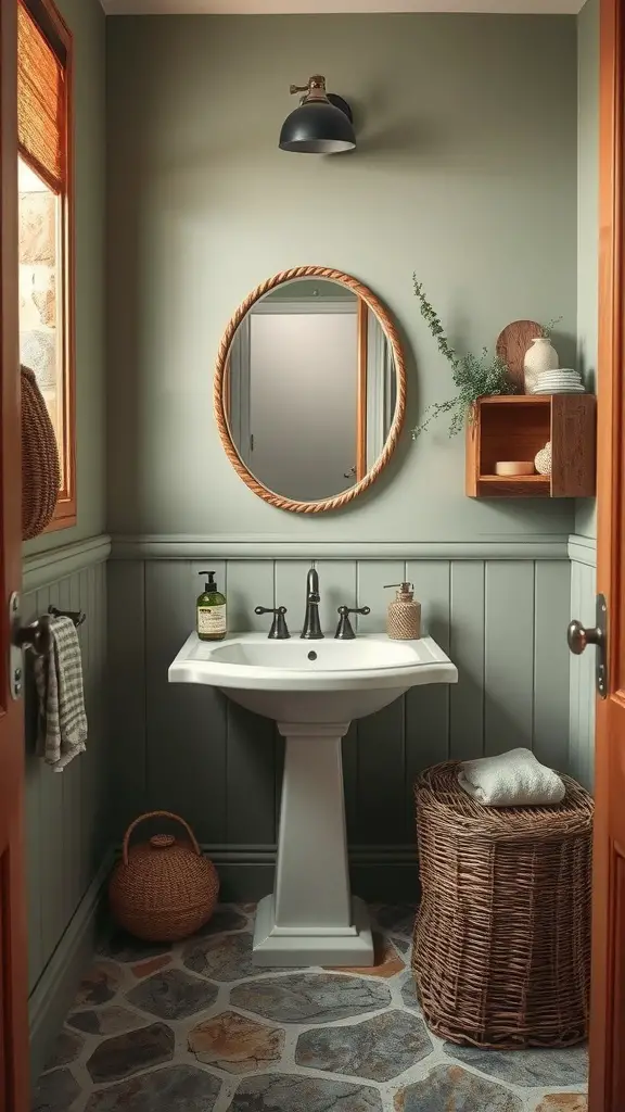 A cozy bathroom featuring earthy sage green walls, a round rope-framed mirror, and natural wood accents.