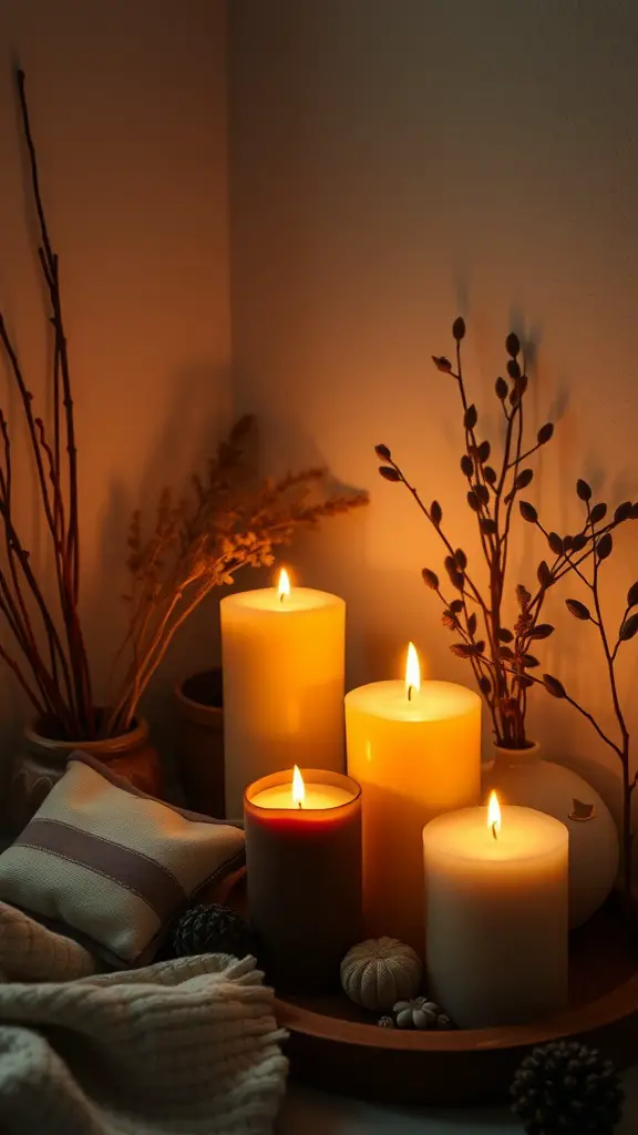 A cozy arrangement of earthy scented candles with warm light, surrounded by decorative elements.