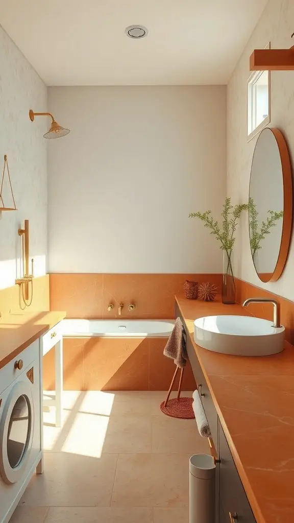 A modern bathroom featuring earthy orange stone countertops, a round mirror, and a cozy atmosphere.