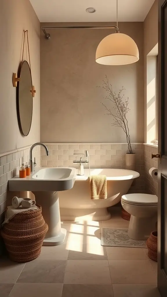 A modern bathroom featuring earthy taupe walls, cream accents, and natural elements.