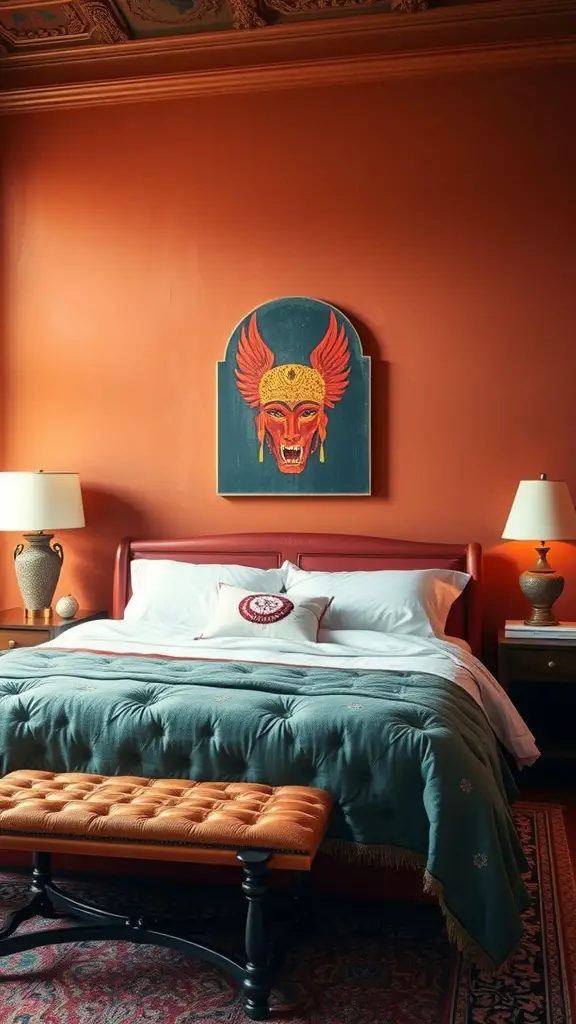 A cozy bedroom with terracotta walls and jewel tone accents, featuring a wooden bed, decorative pillows, and a colorful rug.