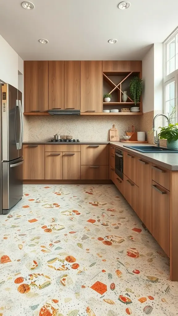 A modern kitchen featuring earthy terrazzo flooring with colorful patterns and wooden cabinetry.