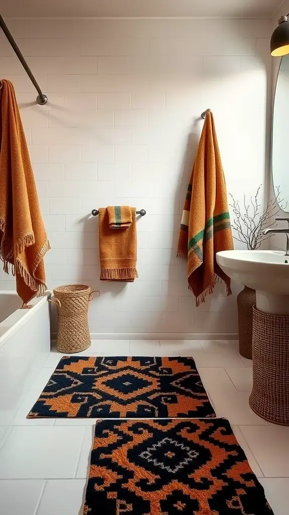 Bathroom with orange towels, patterned black and orange rugs on white tiles.
