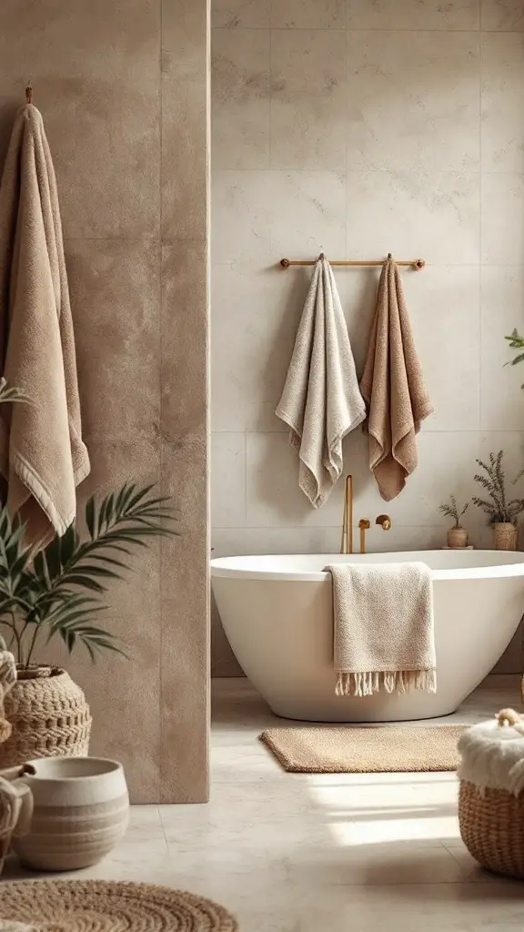 A cozy bathroom featuring earthy toned textiles, including woven baskets, a soft rug, and towels, creating a warm and inviting atmosphere.