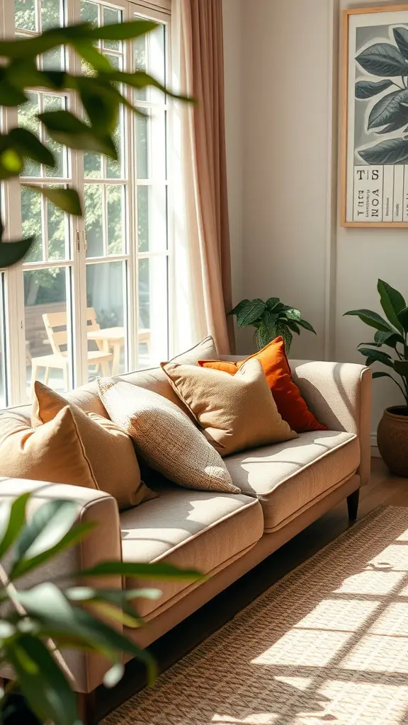 A cozy sofa with earthy toned throw pillows in shades of brown and orange, surrounded by plants and natural light.