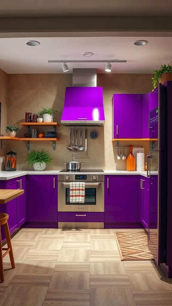 A modern kitchen featuring earthy tones and bold purple cabinets.
